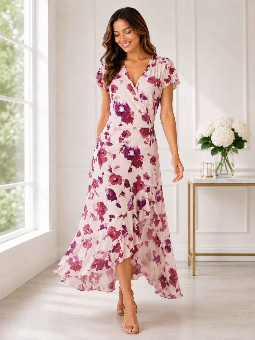 Juicy Couture Pink Floral Faux Wrap High Low Ruffle Midi Dress NWT M - Picture 2 of 10